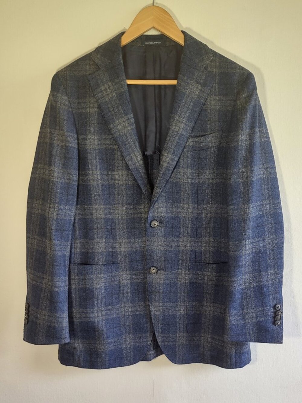 SuitSupply Havana Patch Plaid Blazer Wool & Cashmere Sport Coat Blue/Grey US 36